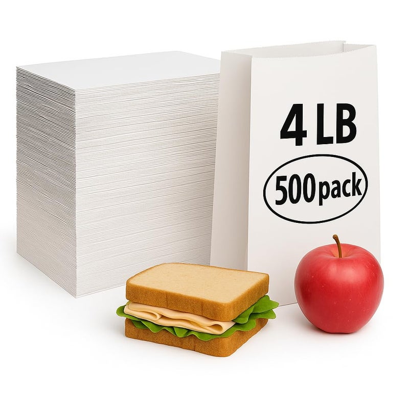 Pizety 4 lb White Paper Lunch Bags â€“ Pack of 500 | Recyclable & Food-Safe Kraft Bags for Sandwiches, Snacks, Crafts, Parties, Retail, Pharmacy, Puppets & More - Image 2